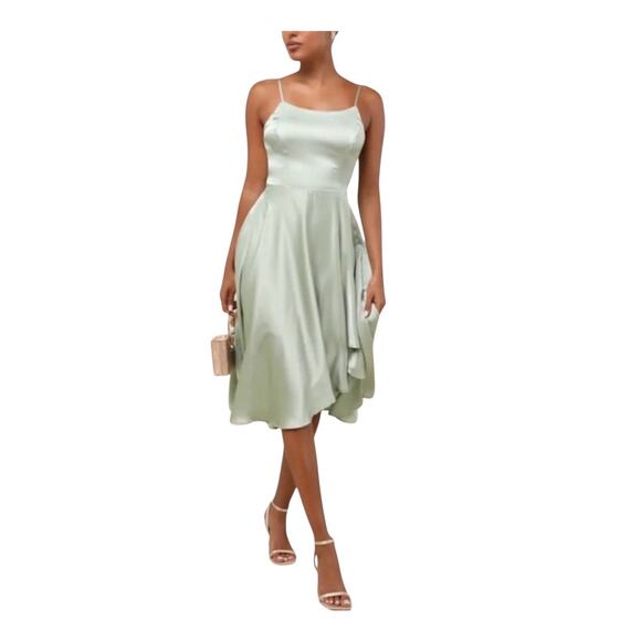 NWT Lulus Sage Green Satin Midi Dress Small Open Back Tie Formal Asym Hem